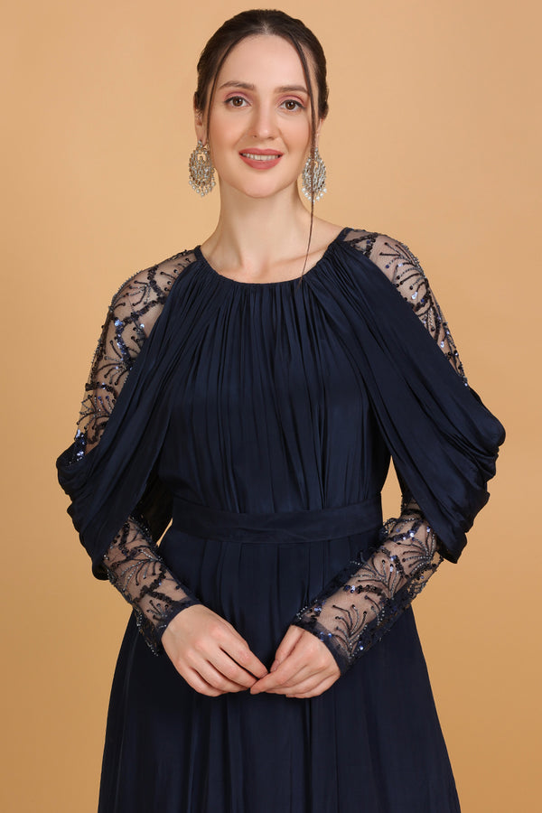 Sequins Embroidered Peacock Blue Silk A Line Wedding 2
