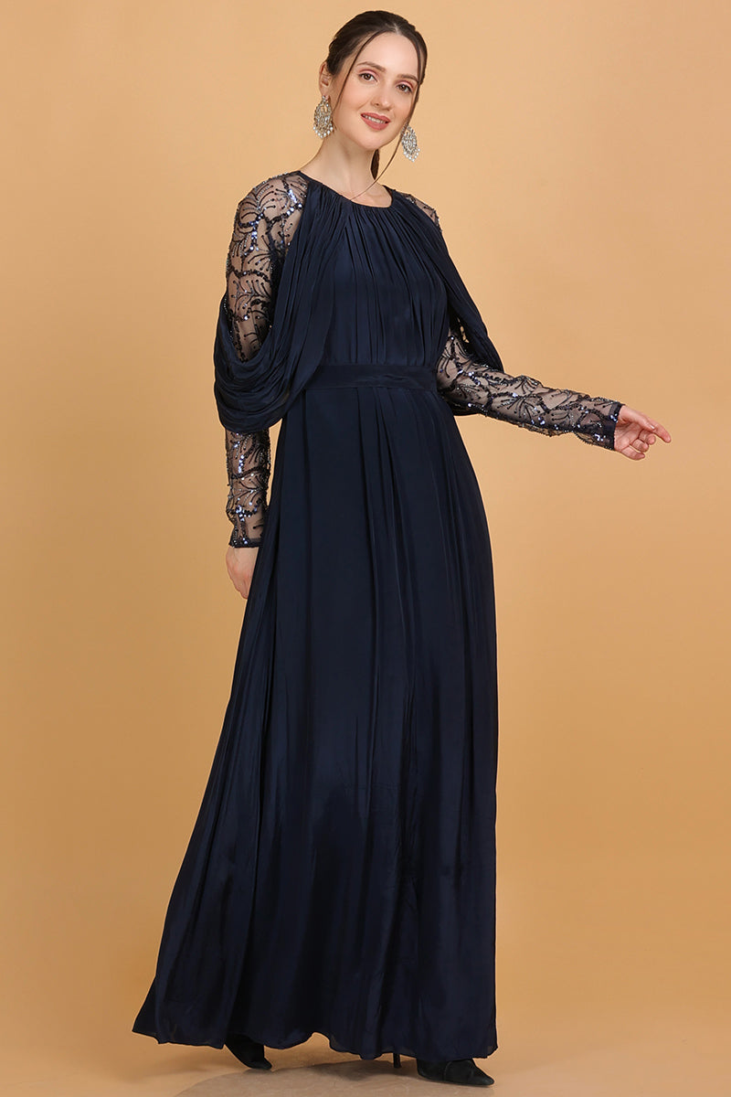 Sequins Embroidered Peacock Blue Silk A Line Wedding 2