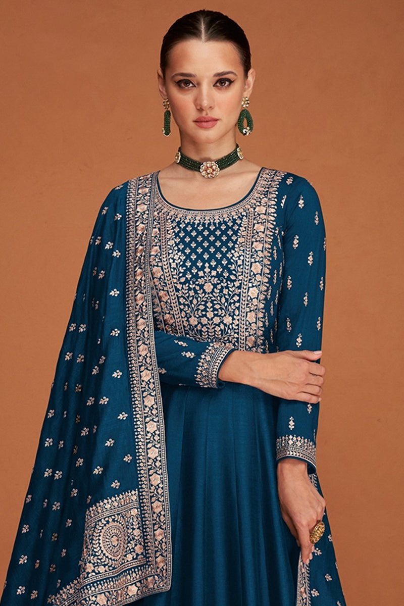 Sequins Embroidered Peacock Blue Silk A Line Wedding