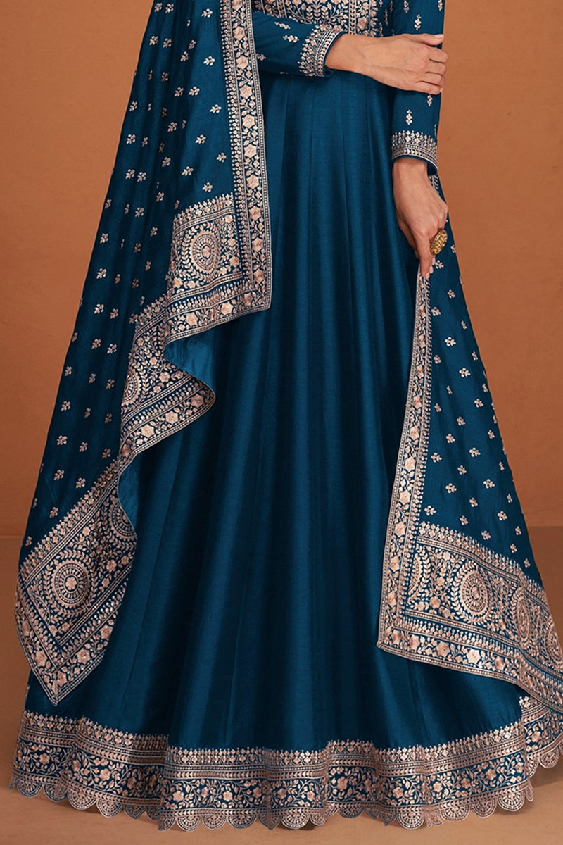 Sequins Embroidered Peacock Blue Silk A Line Wedding