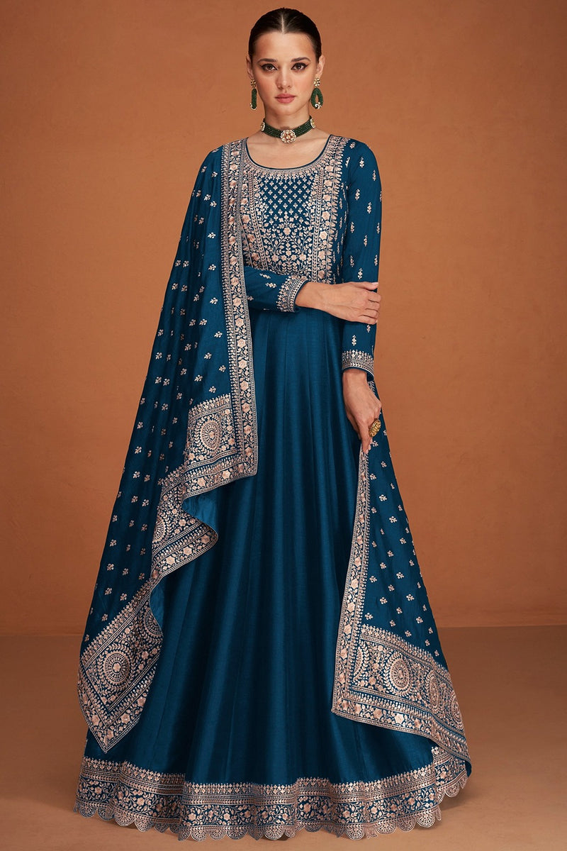 Sequins Embroidered Peacock Blue Silk A Line Wedding